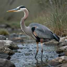 giant four - legged great blue heron dinosaur wading in a rocky river. fantasy monster concept art