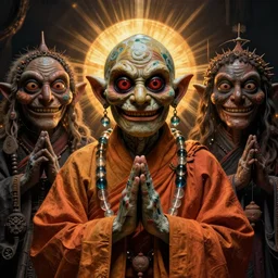 hyper realistic portrait of horror, nightmare, muppet goblin death cult monk, glass beads, clay amulets, cinematic, symmetric, artstation, cgsociety, brian froud, jean baptiste monge, scott radke