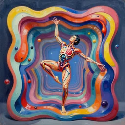 an extremely high quality hd surrealism painting of a 3 d perspective neon complimentary - colors cartoon surrealism melting optical illusion sculpture gallery zaha hadid biological anatomical dancer by a much more skilled version of kandinskypicasso and salvia dali the fourth, salvador dali's much much much much more talented painter cousin, 8 k, ultra realistic, very realistic, nerves, veins, neurons