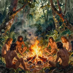 abstract watercolor painting of prehistoric caveman, thick jungle, fire hearth, desolation, paint brush strokes,, art by hans dahl, jesper ejsing, anders zorn, greg rutkowski, greg manchess, wonderful masterpiece, cinematic light, american romanticism