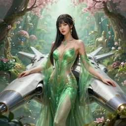 portrait of Lalisa Manobal as a  Celestial Goddess of a futuristic princess, inside future fighter, sci-fi, fantasy, intricate, lush garden spaceship with sakura season flowers, elegant, human anatomy, royal green and nature light, highly detailed, digital painting, artstation, concept art, smooth, sharp focus, illustration, art by tian zi and WLOP and alphonse mucha, masterpiece, 3d blender