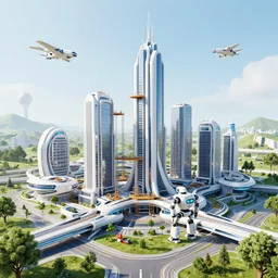 a wide angle image, robots building a futuristic buildings, futuristic airplanes, trees and nature all around,