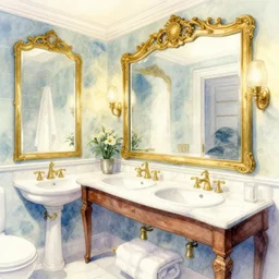 a hiper intricate watercolor of a beatiful bathroom with mirror, extremely detailed, elegant, sharp focus, wide view, smooth, digital illustration, colorfull, by william turner art, by greg rutowski