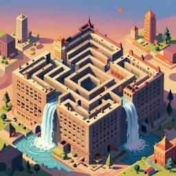 isometric perspective, labyrinthine dilapidated prison architecture by mc escher, piranesi and mandelbrot, ricardo bofill. utopian landscape by roger dean. magical realism, colourful warm colours, surrealism, waterfalls, trending on artstation, shot from below,