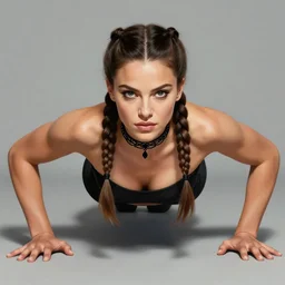 portrait of muscled Mila Kunis with braided pigtails hair doing push-ups, wearing intricate black choker, elegant, highly detailed, centered, digital painting, artstation, concept art, smooth, sharp focus, illustration, artgerm, donato giancola, Joseph Christian Leyendecker, WLOP, Boris Vallejo, Artgerm