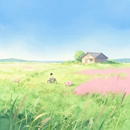 landscape, a girl, tall weeds, a bicycle, pigs, a cottage, gentle gradients, sunlit, blue sky, japanese countryside. green and pink and blue, bright pastel watercolour, by gyo fujikawa