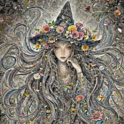 a witch with long hairs and flowers in them, flower petals flying around in the background, art by James Jean and Wayne Barlowe, high detail, cinematic, cgsociety 8k