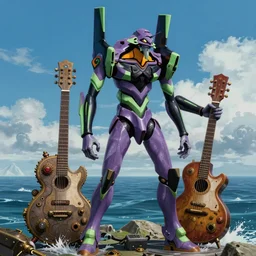 < evangelion unit - 0 3 > stands in the ocean with a big < steampunk guitar >, movie poster,, 3 d anime, arcane style, retropunk, high resolution, 4 k, retrofuturism, by < yoshiyuki sadamoto > and ghibli