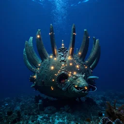hyper realistic, high detail photo of atlantis, underwater, lights on, beautiful, dreary lighting