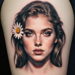 tattoo design, stencil, portrait of a girl by artgerm, symmetrical face, beautiful, daisy flower