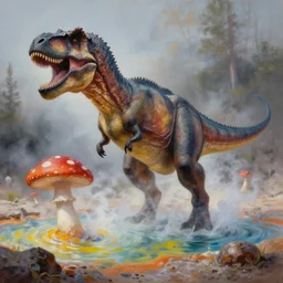 highly detailed oil painting of a! tyrannosaurus ( ( mushroom ) ) in a steaming colorful hotspring, featured on artstation