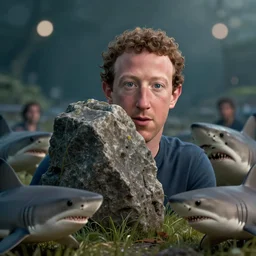 Mark Zuckerberg hiding behind a rock in a field full of sharks, bokeh, dramatic lighting, cinematic, establishing shot, high detail, cinematic lighting, post processed, 8k, concept art, artstation, matte painting, in the style of eddie mendoza, raphael lacoste, alex ross