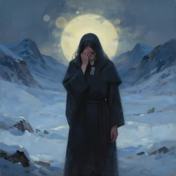 priestess of everyday stress in the icy mountains. gouache painting by indie concept artist, chiaroscuro, bokeh, backlighting, field of depth