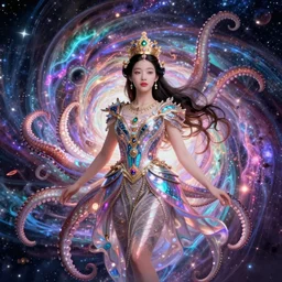 Pearlescent Korean teen seductive Queen Goddess floating in a multiversal rgb universe depicted by James Jean, rule of thirds, fair complexion, celestial, majestic, interstellar vortex through time, award winning, super nova octopus, octane render, massive scale, interstellar, high-quality, 4k