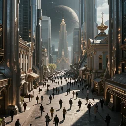 Street photo in a crowded city on another planet, Neo Norilsk, Neo Kyiv, sci-fi, fantasy, intricate, very very beautiful, elegant, highly detailed, high contrast, shadows, smooth, photorealistic, cinematic, Unreal Engine 5, sharp focus, trending on Behance
