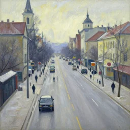 an edward hopper style painting of a busy road of ( ( ( ( ( ( ( ( gyor ) ) ) ) ) ) ) ) in hungary, early - winter, december of 1 9 4 8