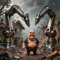 huge mechanical drill arms on a tiny grumpy chunky bald handyman with mustache, in a wrecked home, full body, hyperrealistic digital art masterpiece, highly detailed neo pop surrealism, tim burton, jason limon kay sage hannah yata, dramatic lighting, low angle, uhd 8 k, sharp focus
