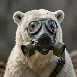 polar bear wearing a gas mask bleeding from eye sockets set in escape from Tarkov, stencil, traditional, dystopian, depth of field, physically based rendering, pbr render, very detailed, volumetric lighting, octane render