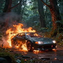 cyberpunk car on fire in the middle of the woods, stylized, artgerm, artstation, hd, cgsociety, cgi, realistic, dramatic, cinematic, artistic, trending, detailed