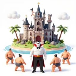 a vampire gothic castle on a bright tropical island with sumo wrestlers roaming around illustration