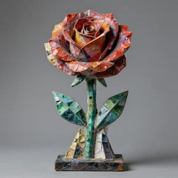 sculpture of 🌹, made of recycled materials, detailed, cubism, full color hd, max ernst