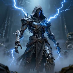 character and environment design, ( ( biomechanical ) ) arcanist, tattered!!! robe and hood, blue lightning, fog, scary, arrogant, hostile, photorealistic, cinematic, hyper realistic, octane render, 8 k, wide angle
