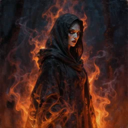 old shadow hag cloaked in ethereal fire and smoke looking away from camera, profile shot, hyperrealistic, subject in center of frame, neonpunk, oil on wood portrait by rembrandt and kim jung gi, jan van eyck, artstation, deviantart, rule of thirds