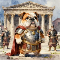 a realistic and atmospheric watercolour fantasy character concept art portrait of a fat adorable chibi bulldog roman centurion in a roman temple, by rebecca guay, michael kaluta, charles vess and jean moebius giraud