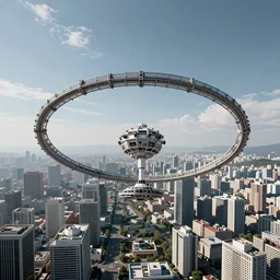 a giant ring-shaped space station encircling a modern city floating above the city, the ring is horizontal, surrounding the city, cinematic