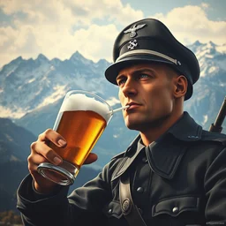 detailed - face!!!, highly detailed german ww 2 propaganda poster of german 1 9 4 0 s soldier drinking beer, the alps are in the background, in gta v, stephen bliss, unreal engine, fantasy art by greg rutkowski, loish, rhads, ferdinand knab, makoto shinkai and lois van baarle, ilya kuvshinov, rossdraws, tom bagshaw, global illumination, radiant light, detailed and intricate environment