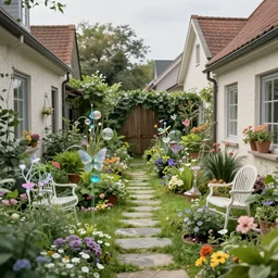 beautiful ethereal community fairy garden in between old houses