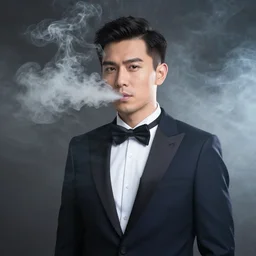 Man wearing classy tuxedo inside cloud of smoke, realistic face, Canon EOS R3, f/1.4, ISO 200, 1/160s, 8K, RAW, unedited