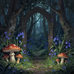 beautiful dark wonderland serene gateway with mushrooms and grassy magic drooping bluebell flowers Digital Matte Illustration by Alena Aenami