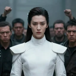 portrait of a regal prince in futuristic white clothes, high collar, sharp cheekbones, melancholic expression, surrounded by a crowd of furious people, matte painting, digital art