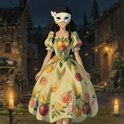 a full body portrait of a young latin woman in a flowery fruit - based dress wearing a mask, night lighting with candles delicate features finely detailed perfect art, at an ancient city, gapmoe yandere grimdark, trending on pixiv fanbox, painted by greg rutkowski makoto shinkai takashi takeuchi studio ghibli