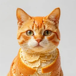 ultrarealistic, photographic portrait of a lifelike cat made out of orange peels, cottagecore, readability, extremely detailed, concept art, smooth, sharp focus, 4 k, 8 k