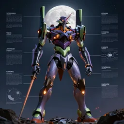 vitruvian mecha, concept gundam macross evangelion, illuminated features, dramatic moonlit lighting, diagram specifications notations, artstation