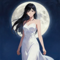 a woman in a white dress standing in front of a full moon, a detailed painting by muqi, pixiv contest winner, sots art, official art, 2 d game art, anime aesthetic