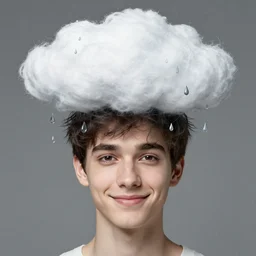 a character with a cloud on his head, raindrops instead of tears, disheveled thoughts, the subtle existence of reality in time, a beautiful face, a sweet smile, gray shades by ernst haeckel