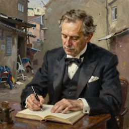 a beautiful 8 k photorealistic masterpiece oil painting, professor in a fancy suit writing a book in a slum, hyperrealism, 1 6 k, trending on artstation