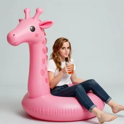 a photo of a emma watson, holding a drink, sitting in a big cute pink giraffe float, having fun in a pool party in a modern indoors pool with cyberpunk illumination at night. visually stimulating photo. coherent. 8 k.