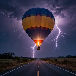 a hot air balloon flying in the middle of the road, liminal space, uncanny, saturated, dynamic lightning