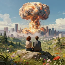 a couple sitting on top of a rock covered floral serene hillside watching a nuclear explosion explosion in a distant city with skyscrapers, a detailed matte painting by beeple and thomas kinkade, apocalyptic art, sharp focus, cgsociety, fantasy art, cinematic, artstation hq, vfxfriday, dystopian art