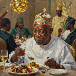 president muhammadu buhari eating at a regal buffet facial details beautiful setting elegant event nigerian party minimalist gold ornaments iridescent lighting glamour in the style of edward hooper and henri matisse yinka shonibare oil painting