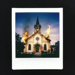 burning church polaroid, surrealistic collage art
