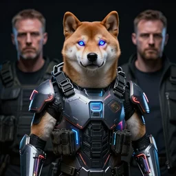 tactical military neon exoskeleton armor, realistic anthropomorphic shiba inu visible face, neon eyesight, science fiction, dark, portrait by donato giancola and greg rutkowski and wayne barlow, realistic face