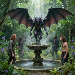 a tar demon worshipping a satanic altar atop a fountain in a lush dense verdant garden by victo ngai and dan mumford and james gilleard and greg hildebrandt, bat wings, mist, hyperrealism, volumetric lighting, god rays, ultrafine details, sfumato, purple flowers, overgrown