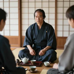 a samurai at a tea party, realistic photo