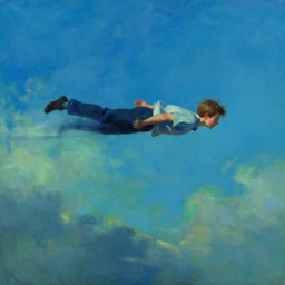 atmospheric painting of a boy flying in the sky by moebius and john harris, atmospheric, concept art, saturation 2