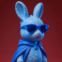 rabbit groot as marble statue with sunglasses, blue sunglasses, in red background, soft blue texture, blue cape, blue realistic 3 d render, high blue lights, 4 k, high detailed photography, 5 0 mm lens, rich blue colors, smooth gradients, depth of field, cinematic, hyper realism, high detail, octane render, unreal engine, 8 k